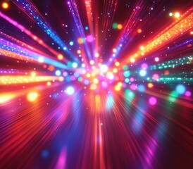 Fototapeta premium Vibrant Explosion of Colorful Light Rays and Bokeh Circles Creating a Magical Atmosphere of Energy and Movement in an Abstract Design