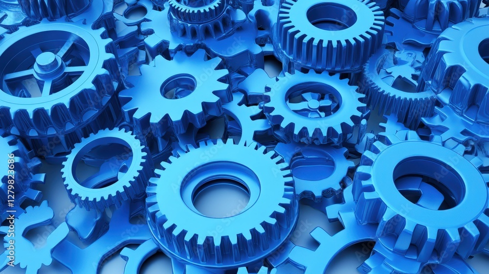 Poster close-up view of interlocking blue gears showcasing mechanical precision and innovation