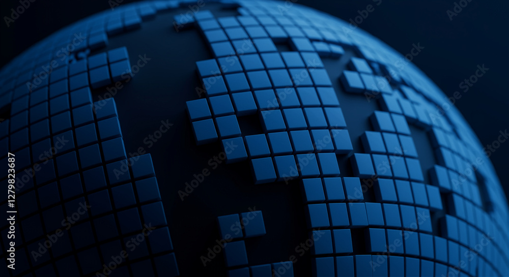 Poster globe digital map 3d globe made of blue cubes on a dark background. digital world globe with square 