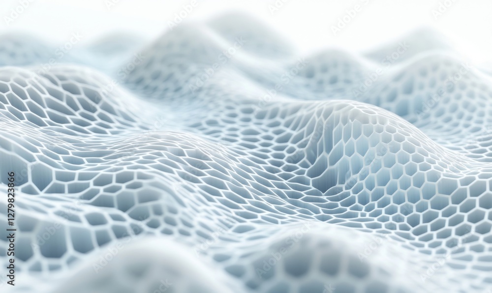Poster abstract background with hexagons and wavy lines in white on a light blue hue, representing technolo