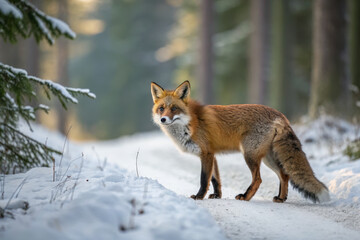 Obraz premium fox standing on snowy path in forest, surrounded by trees