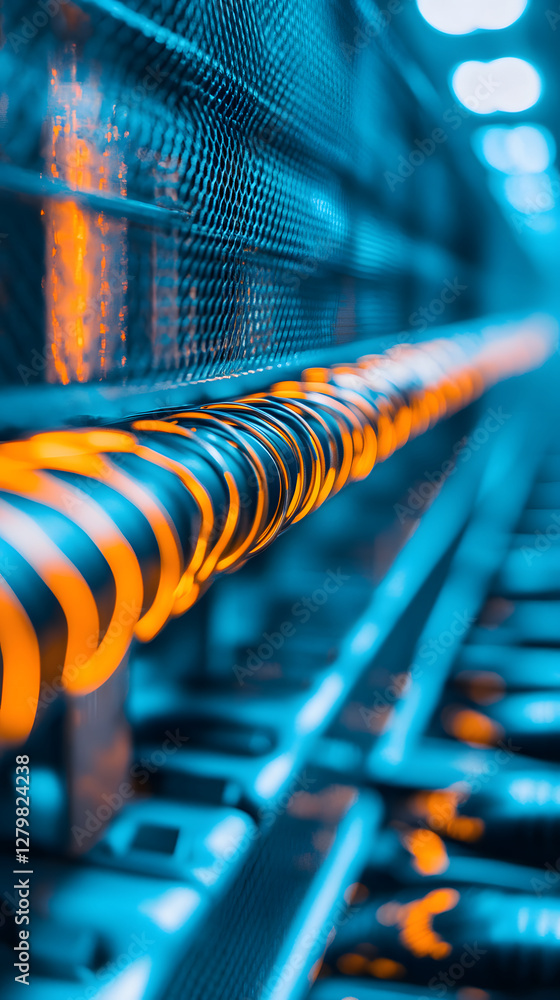 Poster server rack components: illuminated cylindrical connectors and cabling
