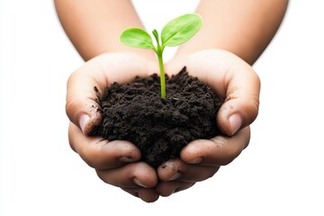 A pair of hands holding a sprouting plant in rich soil, illustrating environmental sustainability and the importance of nurturing nature for future generations.