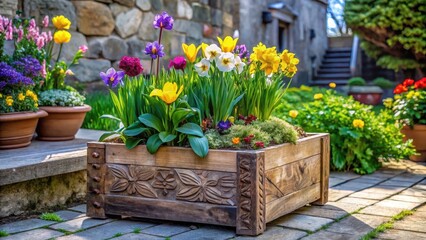 Ornate Wooden Planter Overflowing with Vibrant Spring Blooms in a Sunny Courtyard Setting