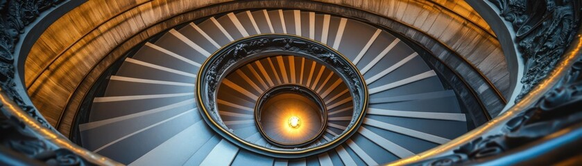 Fototapeta premium A spiraling staircase viewed from above, leading the viewer s gaze toward a mysterious glowing center