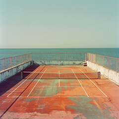 Tennis court with orange truffe beside,  old money aesthetic, play area