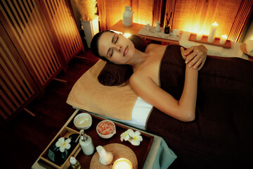 Caucasian woman customer enjoying relaxing anti-stress spa massage and pampering with beauty skin...