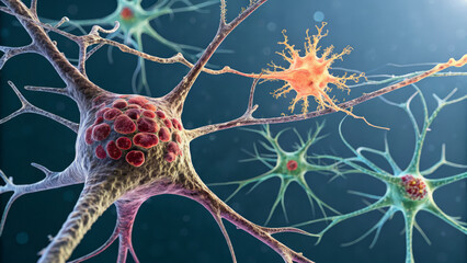 Neurons and synapses in colorful scientific illustration, showcasing brain activity