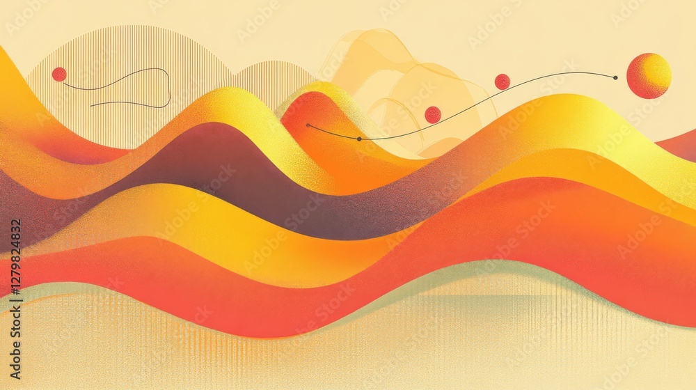 Poster abstract waves in vibrant orange and yellow hues create a dynamic landscape with soft curves