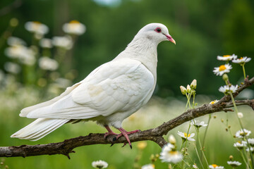 Obraz premium white dove perched on branch surrounded by flowers in lush field