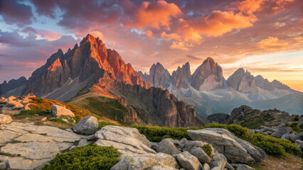 Breathtaking mountain landscape at sunset with vibrant colors and rocky foreground