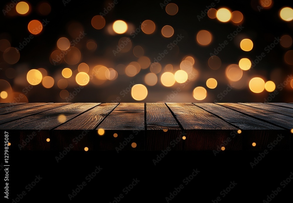 Poster wooden table surface with a soft focus of twinkling bokeh lights creating a warm ambiance for festiv
