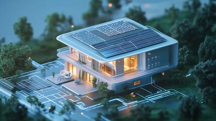 Smart home, solar panels, night, forest, energy