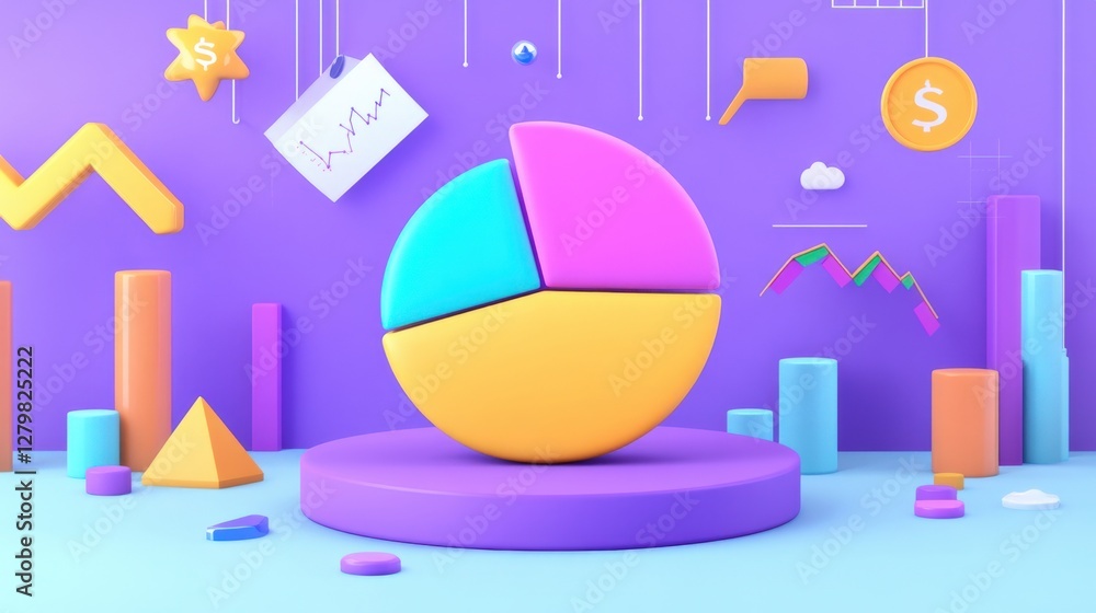 Poster colorful 3d pie chart on a vibrant background with various graphs and symbols illustrating data anal