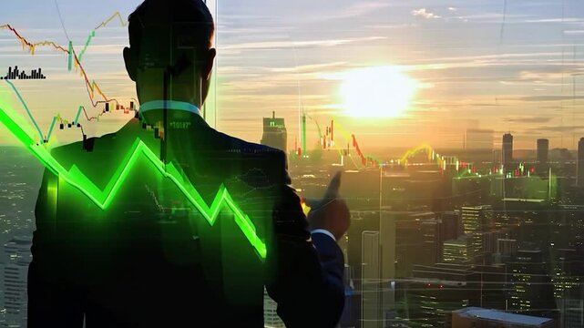 Businessman looking at stock market graph overlaid on cityscape at sunset.