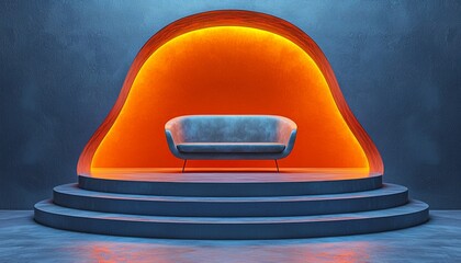 Fototapeta premium Gray sofa is illuminated by orange light in a niche