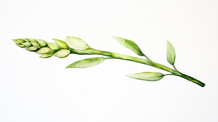 Fototapeta premium Ethereal Botanical Study: Delicate watercolor painting of a fresh, green branch with new growth. Leaves and new flowers create a fresh vibe and clean look.