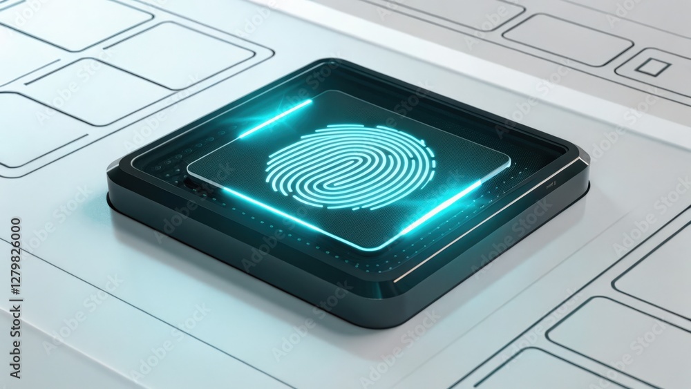 Poster biometric security: a glowing fingerprint sensor sits integrated into a futuristic device, symbolizi