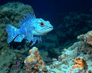 Obraz premium Vibrant blue fish swimming near coral reef.