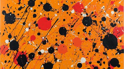 Abstract splatter painting on orange canvas