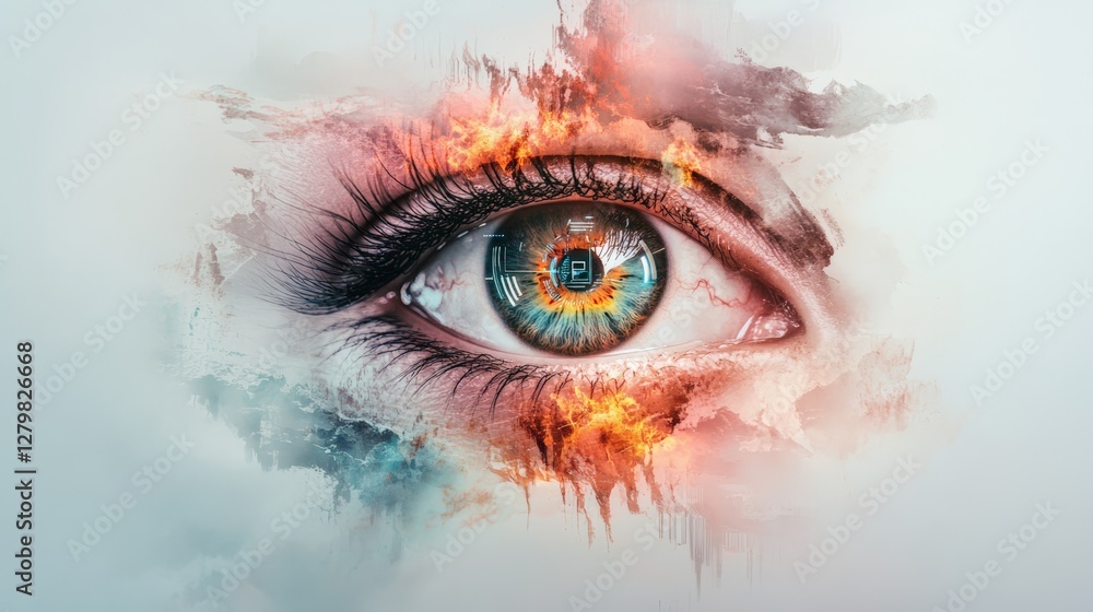 Aufkleber close up of an eye with long eyelashes and a colorful iris reflecting a futuristic interior, surroun