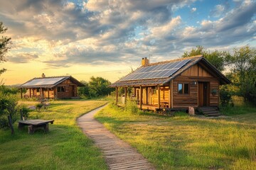 Obraz premium rural eco-lodge surrounded by untouched nature, cozy wooden bungalows with solar panels, promoting sustainable tourism 