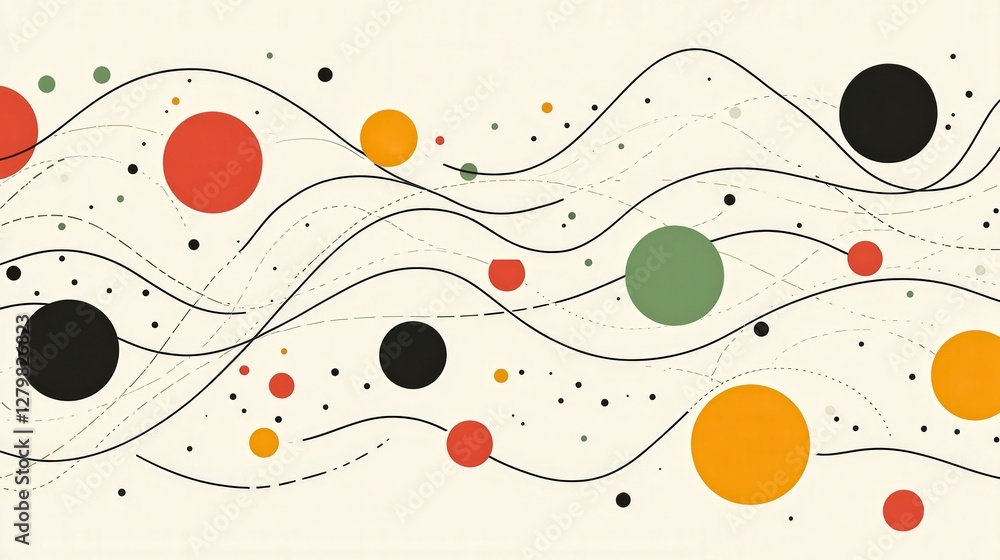 Poster abstract composition featuring colorful circles and flowing lines on a light background
