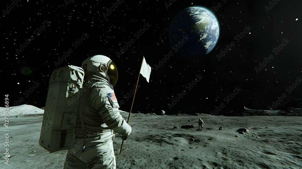Poster astronaut on the moon plants a flag with earth in the background. a second astronaut is visible in t