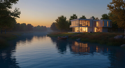 Obraz premium Reflections at Dusk: A 3D Visualization of a Modern Riverside Home 