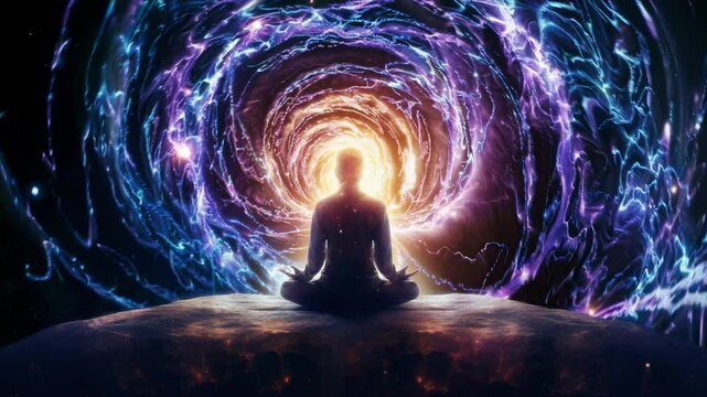 A silhouette meditating before a swirling cosmic vortex. The low-angle shot enhances the mystical, otherworldly feel, ideal for a spiritual video theme.