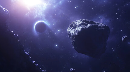 A cosmic scene depicting a large asteroid and a planet in a star-filled galaxy.