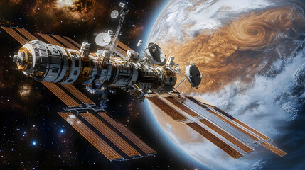 A detailed depiction of a space station orbiting a gas giant, showcasing intricate details of the station and the planet's atmospheric swirls. Stars and nebulae form a dramatic backdrop.