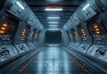 Fototapeta premium Futuristic Spaceship Corridor Sci Fi Interior Metal Walls Lights