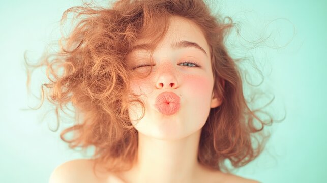Close up portrait of a cheerful teenage girl with curly red hair and freckles, playfully sending a kiss with duck lips and winking against a turquoise background