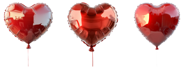 Three Heart-Shaped Red Balloons Isolated on Transparent Background