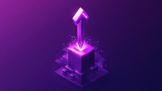 Abstract digital art featuring a glowing purple arrow rising from a geometric base, symbolizing progress