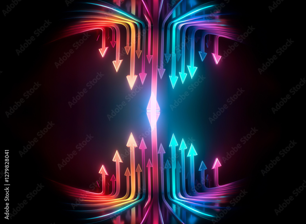 Poster vibrant, colorful arrows converge towards a bright central point against a dark backdrop. abstract, 