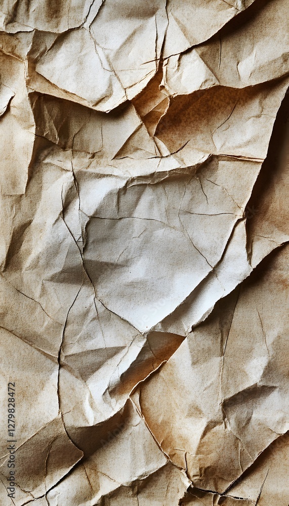 Poster crumpled paper texture with complex shadows and deep crevices is present