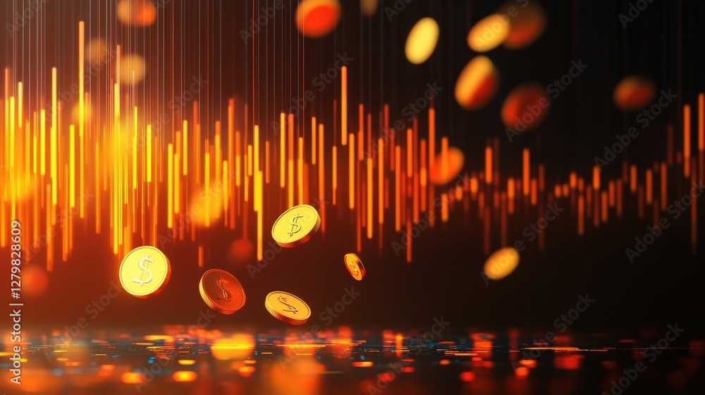 Poster abstract representation of falling coins with sound waves in a vibrant, dynamic background