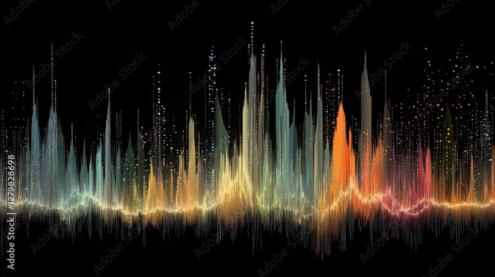 Poster colorful sound wave visualization representing audio frequencies and rhythms in a digital format