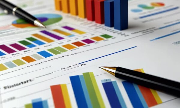 Business analytics report with colorful graphs and charts on a desk, showcasing data trends