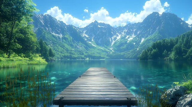 Scenic wooden dock extending over crystal-clear lake with majestic mountains in background. Seamless looping 4K time-lapse animation video background.
