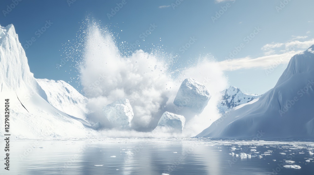 Poster Chunks of ice exploding from the water create a dramatic scene in a glacial lagoon surrounded by snow covered mountains under a clear blue sky