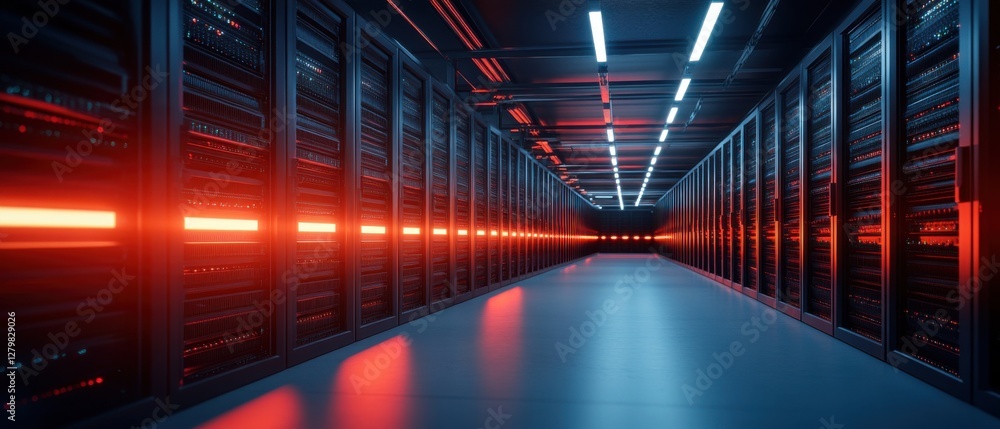 Aufkleber futuristic data center with rows of server racks and neon lighting in dimly lit environment