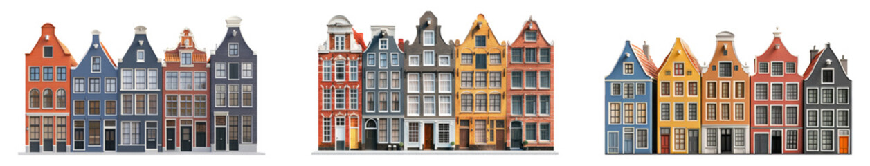 Fototapeta premium Colorful Traditional Dutch Houses Isolated on Transparent Background
