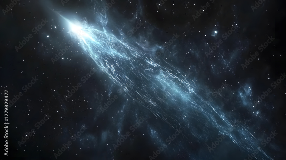 Poster a stunning cosmic scene depicting a celestial stream of light cutting through a dark nebula. stars t
