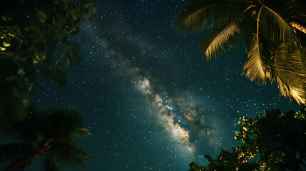 Stunning night sky view with the Milky Way galaxy shining brightly above lush tropical palm trees. A breathtaking scene of celestial beauty and natural paradise.