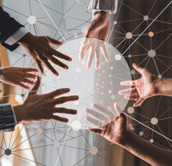 business people reach tech network