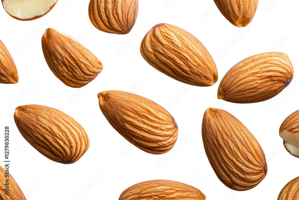 Poster close up of almonds with the nut shells showing, isolated