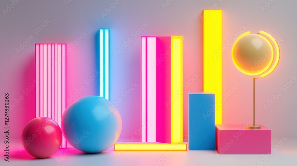 Poster colorful geometric shapes and neon lights create a vibrant abstract display in a modern setting